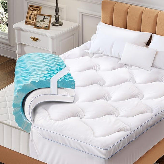 Dual Layer 4 Inch Memory Foam Mattress Topper Queen, 2 Inch Cooling 5-Zone Gel Memory Foam Plus 2 Inch Down Alternative Pillow Top Mattress Topper, with Deep Pocket, Support for Back Pain