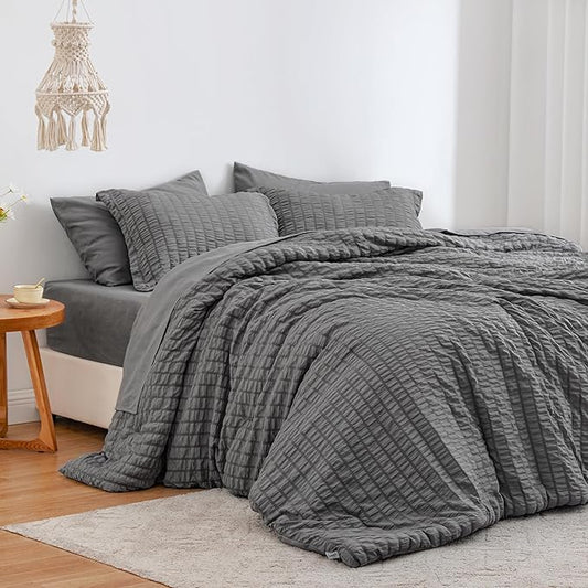 Love's cabin Seersucker Dark Grey Twin XL Comforter Set, 5-Piece All Season Lightweight Bed in a Bag Bedding Set with Comforter, Flat Sheet, Fitted Sheet, Pillowcase and Sham | Soft, Breathable, Lightweight