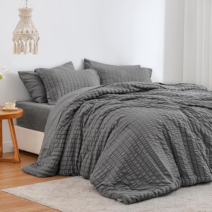 Love's cabin Seersucker Dark Grey Queen Comforter Set, 7-Piece All Season Lightweight Bed in a Bag Bedding Set with Comforter, Flat Sheet, Fitted Sheet, Pillowcases and Shams | Soft, Breathable, Lightweight