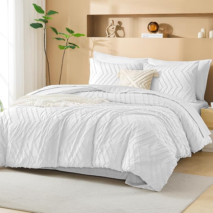 Litanika White Comforter Full Size Set with Sheets - 7 Pieces Boho Bed in a Bag Chevron Tufted Complete Bedding Sets Lightweight All Season Bed Set with Comforter, Sheets, Pillowcases & Shams