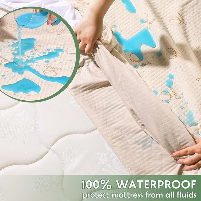Twin Size Mattress Protector Waterproof, Breathable Cotton Terry Bed Pad Cover, Deep Pocket Fitted Sheet for 8-24 Inch Mattress