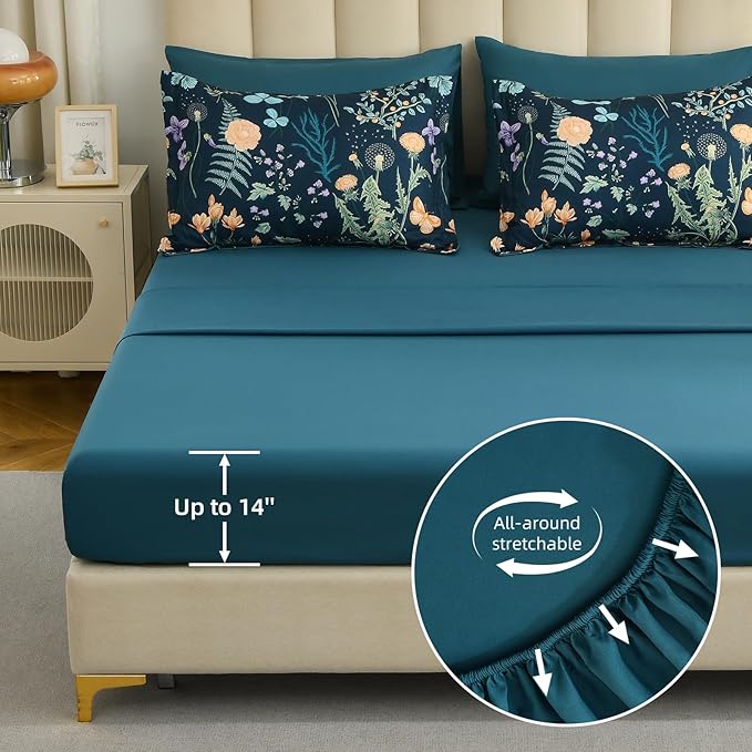 Yiran Blue Twin Comforter Set with Sheets, 6 Piece Floral Bed in a Bag with Botanical Flowers Patterns, Botanical Bedding Set, Soft Microfiber Complete Bedding Set with Sheets for All Season