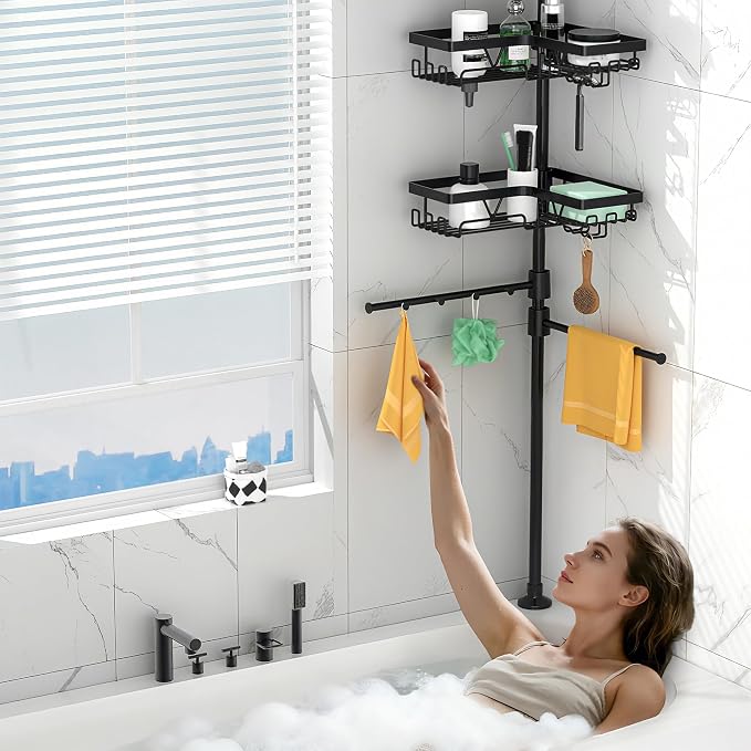 DAOYA Shower Caddy Tension Pole Corner with 4 Removable Baskets & 2 Towel Bar - Expandable Shower Caddy Corner Adjustable 25-114.2 Inches Upgraded Bath Organizer for Tub(Stainless Steel, Black) - Image 6