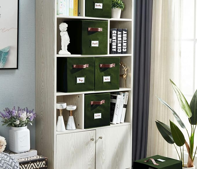 DECOMOMO Storage Bins, Cube Storage Bin with Labels, Fabric Storage Cubes for Shelves (10.5" x 11" / 6pcs, Olive Green) - Image 2