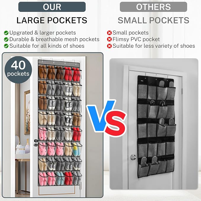 40-Pocket Over the Door Shoe Organizer - Large Mesh Pocket Hanging Shoe Organizer,Behind the Door Shoes Storage Holder Hanger,Large Capacity Design for Dorm Room College,Store 20 Pairs(Grey) - Image 6