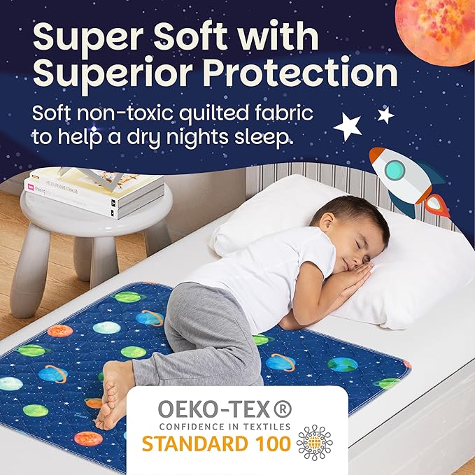 Lynmark® 2x Potty Training Mattress Protector Pee Pad for Kids - Waterproof Toddler Bed Wetting Mat for Toilet Training - Non-Slip Washable Bedwetting Topper Absorbs Up to 2000ml- 35" x 33", Astronaut
