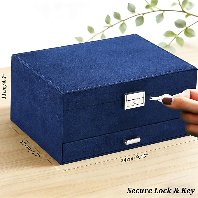 QBestry 3-Layer Jewelry Box for Women with Lock and Key & Drawer, Large Jewelry Organizer with 8 Necklace Hooks & 56 Earring Holes, Navy Velvet Jewelry Storage Box for Necklaces Earrings Ring Bracelet - Image 9