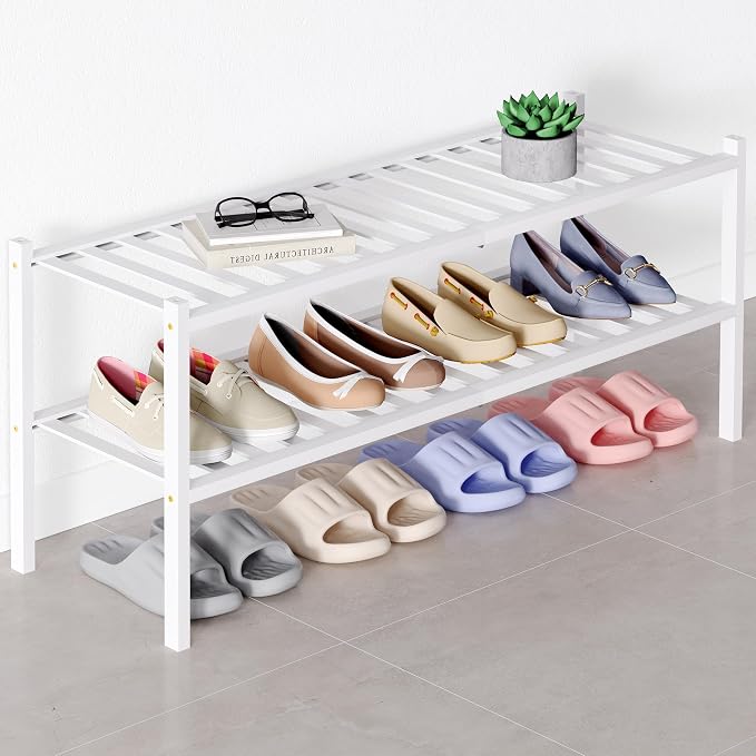 Smiry Bamboo Shoe Rack for Closet, 2 Tier Long Wooden Stackable Shoe Organizer, Free Standing Shoes Storage Shelf for Entryway, Front Door Entrance, White by Smiry