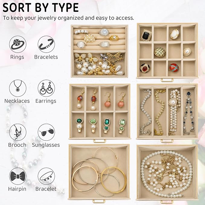AKOZLIN 6-Tier Jewelry Box Lockable Leather Jewelry Storage Case with 5 Drawers for Women Girls Ring Necklace Earring Bracelet Holder Organizer with Mirror - Image 5