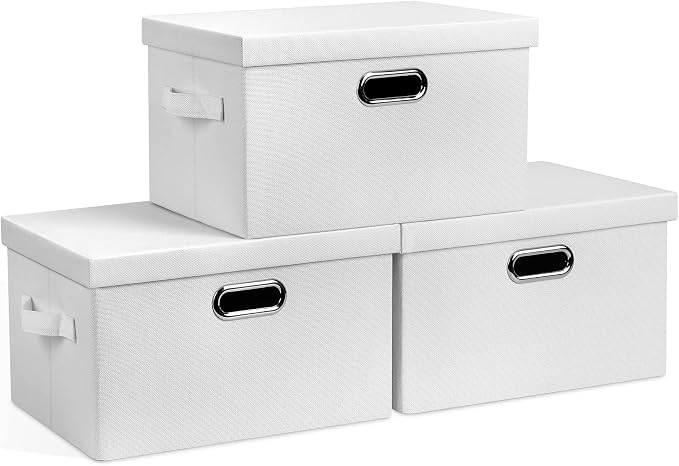 Graciadeco Medium 15" 21 Quart Collapsible Stackable Storage Bins with Lids, 3 Packs White Foldable Fabric Closet Boxes Heavy-duty Linen Cube Baskets Container for Bedroom Office (15 x 11 x 8) by GraciadecoStorage