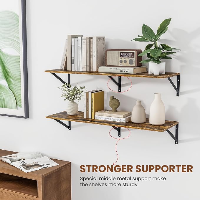 Heimlove Deep Floating Shelves for Wall, 36W x 12D Wood Wall Shelves Set of 2, Wide Floating Bookshelf for Living Room, Kitchen, Office, Bedroom and Decor Storage, with Metal Bracket - Rustic Brown - Image 4