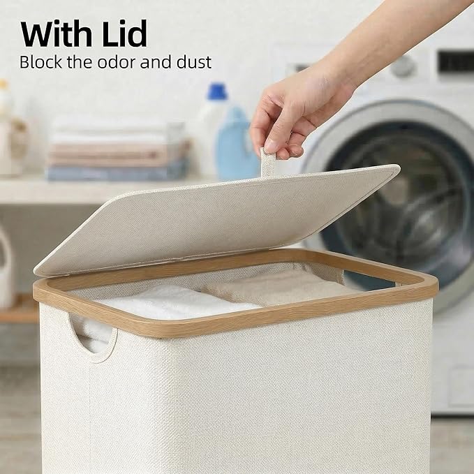 efluky Laundry Basket with Lid and Removable Bag, 100L Tall Laundry Hamper with Bamboo Handles, Aesthetic Dirty Clothes Bin for Laundry Room, Bathroom, Bedroom and Dorm, Beige - Image 2