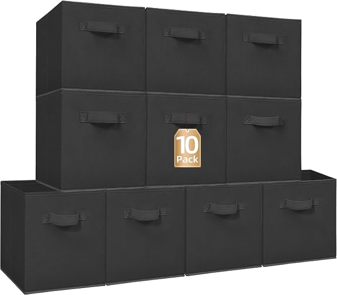 STORAGE MANIAC Storage Cubes, 11 Inch Collapsible Storage Bins with Handles, 10 Pack Fabric Foldable Bins for Organization, Durable Storage Bins for Closet, Shelves, Offices, Toys, 10-Pack Black by STORAGEMANIAC