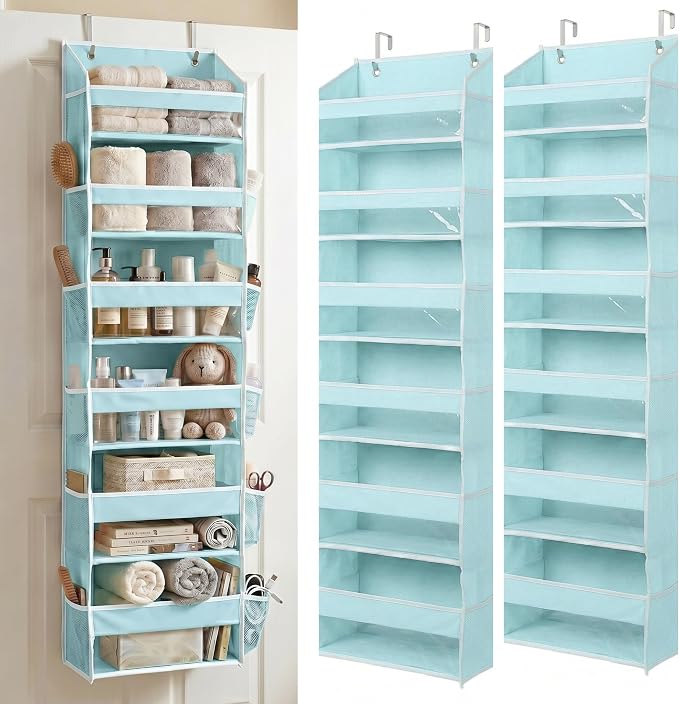 HOMELUX THEORY UPGRADED 6 Tiers Over The Door Organizer Hanging - 100D EXTRA THICK & 50lbs HUGE CAPACITY, 12 Side Mesh Pockets Over The Door Shoe Organizer, Hanging Closet Organizer (Baby Blue, 2pc) by HomeluxTheory