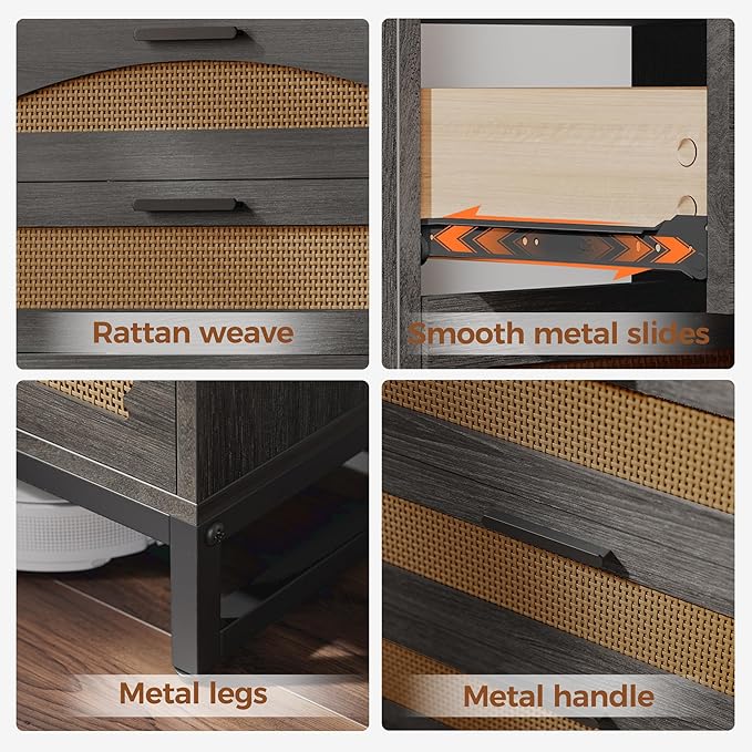 Mericonia 4 Drawer Rattan Dresser for Bedroom, Wood Tall Dresser for Closet with Metal Handles, Boho Nightstand Sets, Dressers & Chests of Drawers for Bedroom, Hallway and Entryway, Black
