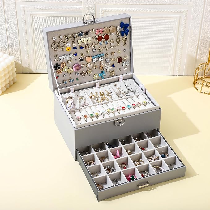 BOOVO Earring Jewelry Box For Women Girl Stud Organizer, 5 Layers Girl Jewelry Organizer Box With Lock Earring Holder Organizer Necklace Ring Jewelry Organizer Box For Girls (grey) - Image 7