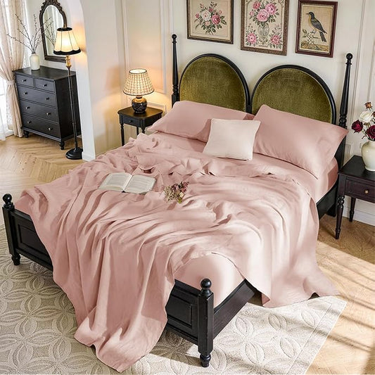 SONORO KATE 100% French Pure Linen Sheets, Breathable and Durable Linen Queen Size Sheets, Anti-Tear Linen Bed Sheets, Machine Washable, 16 Inch Deep Pocket - 4 Piece (Pink)