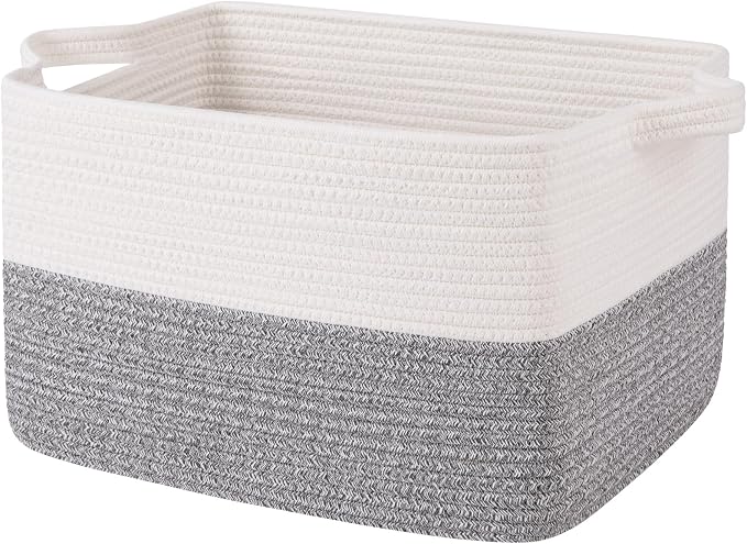 OIAHOMY Woven Storage Basket for Shelves, Rectangle Cotton Rope Baskets for Organizing, 16 x 12 x 10 in, Storage Bins for Dog Toys,Towel,Books,Gift,Grey and White - Image 8