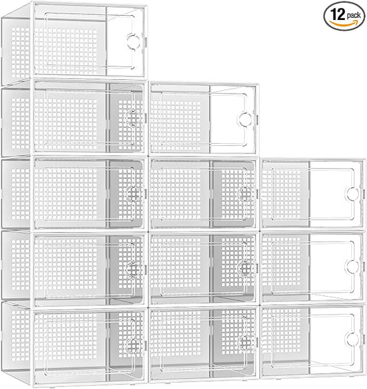 Kuject X-Large Shoe Storage Boxes Organizers Clear Plastic Stackable 12 Pack, Shoe Rack & Holder Substitute, Sneaker Containers, Toy Storage Organizer Bins for Entryway, Closet, Under Bed, White by Kuject