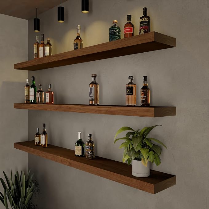 ROGMARS 60Inches Long Walnut Floating Shelves,Rustic Solid Wood Farmhouse Wall Shelves with Invisible Brackets for Bathroom, Living Room, Bedroom, Kitchen Set of 3 - Image 5