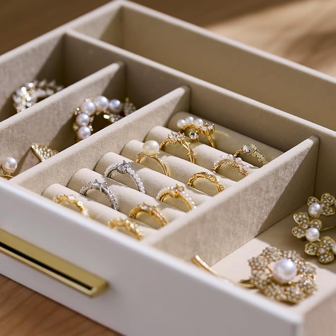 pickpiff Jewelry Box Organizer Case for Women: 3-Layer Jewelry Storage Case with Glass Window, Pure White Leather with Velvet Holder for Ring Necklace Bracelet Brooch Watch, Great Gift for Her - Image 4