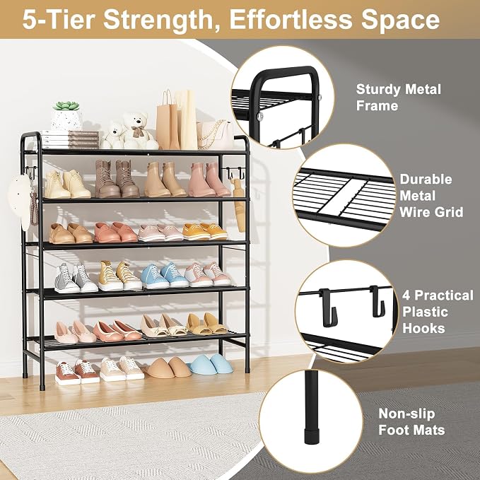 VILICK 5 Tier Shoe Rack 33" Wide Metal Shoe Organizer Long Shoe Storage with 4 Side Hooks Sturdy Shoes Shelf for Closet, Front Door Entrance, Garage, Dorm, Black - Image 4