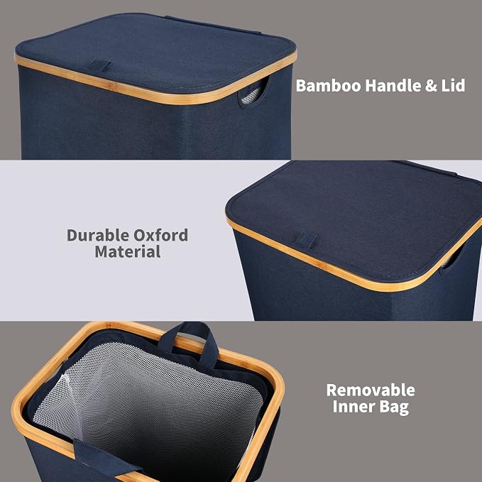 efluky Laundry Basket with Lid and Removable Bag, 100L Tall Laundry Hamper with Bamboo Handles, Aesthetic Dirty Clothes Bin for Laundry Room, Bathroom, Bedroom and Dorm, Blue - Image 5