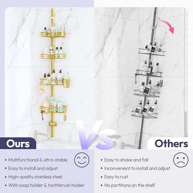 SWTYMIKI Shower Caddy Tension Pole - 4-Tier Corner Shower Organizer Tension Rod with Soap Holder, Toothbrush Holder & 4 Hooks, Adjustable Stainless Steel Bathroom Organizer 27.6 to 108.3 inch, Gold - Image 2