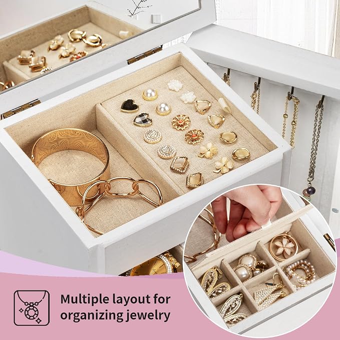 Jewelry Box for Women, Rustic Wooden Jewelry Boxes & Organizers with Mirror & Drawers,6 Layer Jewelry Organizer Box for Rings Earrings Necklaces Bracelets ((Weathered White) - Image 4