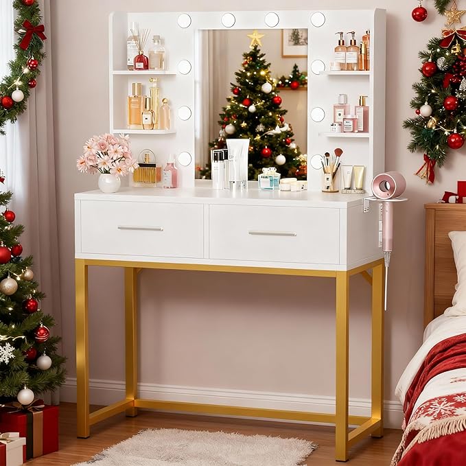 YESHOMY Vanity Desk with Mirror, Makeup Table with 2 Large Drawers, Power Outlet and Round Holder, 3 Color Modes Adjustable Bulb, Pure White & Golden