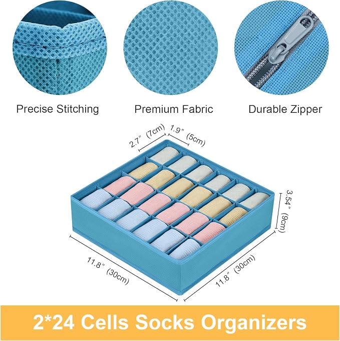 Joyoldelf Sock Organizer Drawer Organizer - 2 Packs Underwear Organizer, 24 Cells Collapsible Closet Organizers and Storage Sock Holders Organizers for Storing Socks, Ties, Belts(Blue) - Image 2