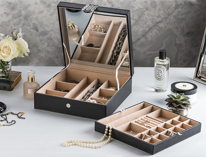 Glenor Co 28 Section Jewelry Box - 2 Layer - Buckle Snap & Magnet Closure - Large Mirror - Pu Leather - Black - Jewelry Organizer for Women & Girls - Holder for Earring Ring Necklace & Bracelet - Image 4
