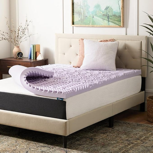 LUCID Lavender Infused 3 Inch Memory Foam Mattress Topper with 5 Zones – Queen Size – Plush Feel – CertiPUR Certified – Dorm Room Essentials