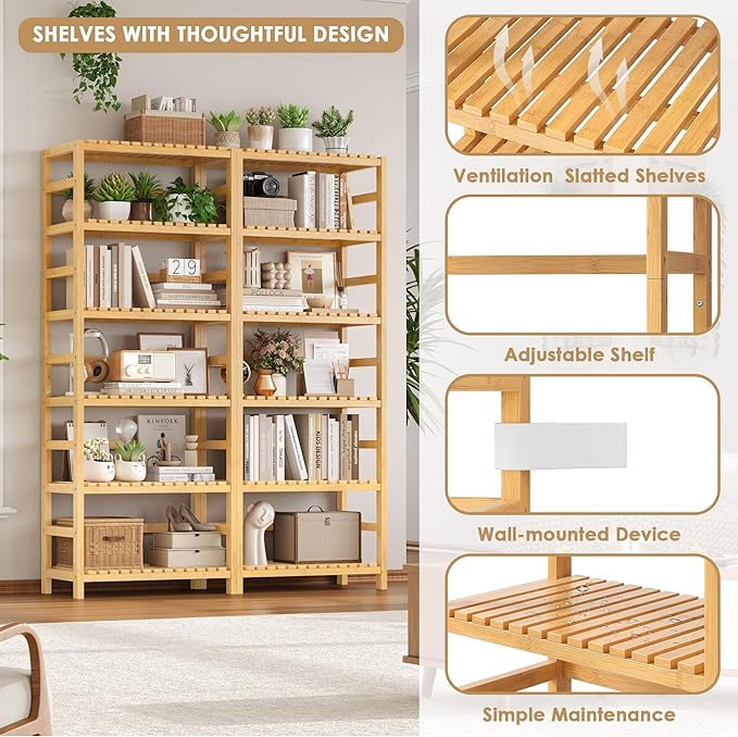 FOTOSOK 6-Tier Bamboo Shelf Set of 2, Bamboo Bookcase with Adjustable Shelves, Free Standing Storage Shelf Unit and Plant Flower Stand, Tall Large Bookshelf for Kitchen, Bathroom, Home Office, Natural - Image 5