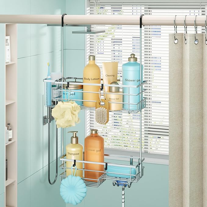 HapiRm Hanging Shower Caddy Organizer - No Drilling Shower Shelves with Hooks and Toothbrush Holder, Rustproof 304 Stainless Steel Bathroom Organizer - Silver - Image 7