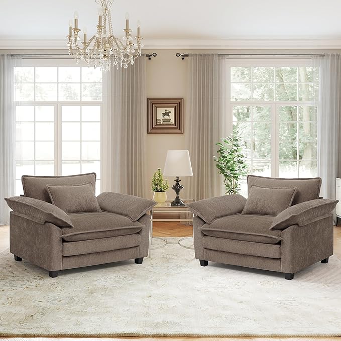 Modern Oversized Accent Chairs Set of 2,Chenille Cloud Sofa Chair with Deep Seat,Upholstered Armchair with Extra Thick,Comfy accent chairs Reading Chairs for Living Room Bedroom Apartment BROWN