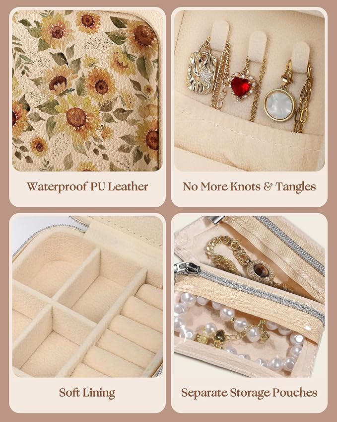 Bistup Travel Jewelry Case - Small Jewelry Organizers and Storage Box for Women Girls Teens Cute Traveling Jewelry Holder with Mirror Little Tiny Compact Modern Unique Aesthetic Pretty, Sunflower - Image 5