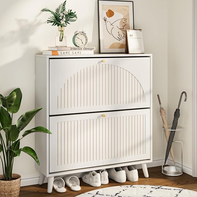 Fsbecl Shoe Storage Cabinet for Entryway with 2 Flip Drawers, Narrow Wood Shoe Cabinet with Fluted Panel, Freestanding Hidden Shoe Organizer for Foyer, Hallway (White - with Shelf) - Image 6