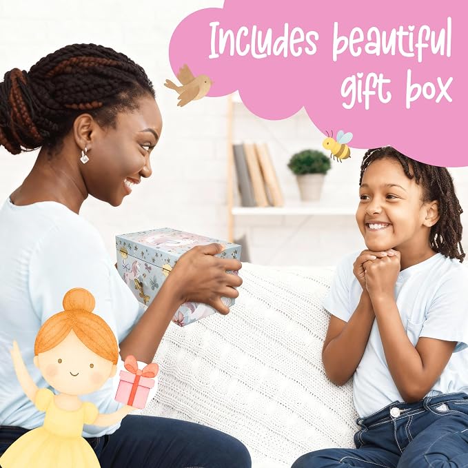 The Memory Building Co Unicorn Musical Jewelry Box Plays Classic Melody, Storage Organizer Music Box for Kids Ages 6-12, MDF Wood w/ 2 Fabric Lined Ring Bracelet Necklace Treasure Compartments - Image 7