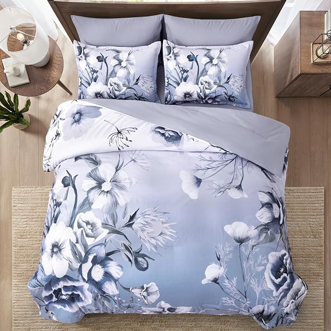 Luxudecor Floral Comforter Set Queen Size 7 Piece, Blue Flower Bed in a Bag, Elegant Gradient Floral Comforter with Sheet Set, Soft Seersucker Microfiber Bedding Set for All Season (Blue, 90"x90")
