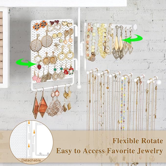 SOLIMINTR Hanging Jewelry Organizer Wall Mount with Rustic Wood Shelf, Ring Display Box, Ear Studs Earring Holder, Rotating Necklace Holder Organizer White - Image 3