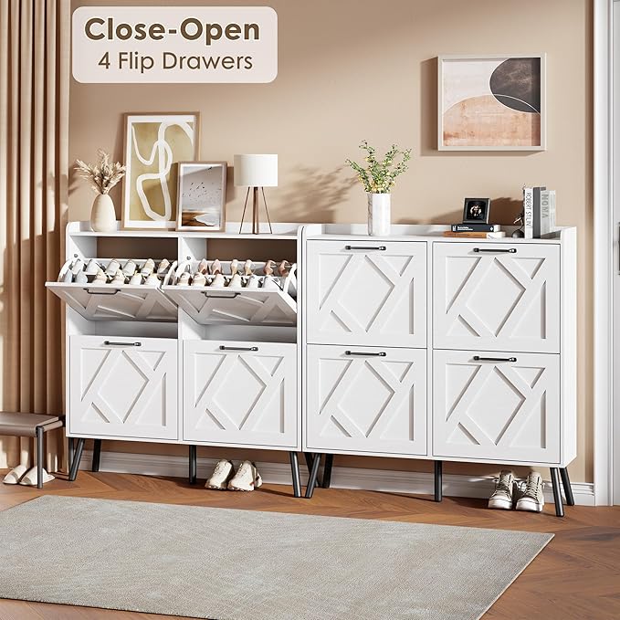 Nicetree Shoe Cabinet with 4 Flip Drawers, Freestanding Shoe Organizer Cabinet with Metal Legs, Farmhouse Slim Shoe Rack Cabinet for Entryway, Foyer, Hallway, White - Image 3