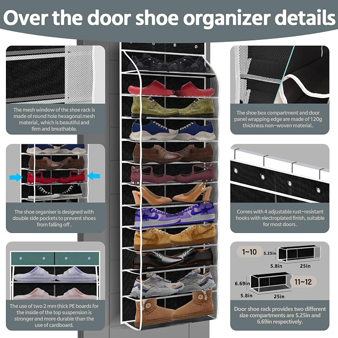 PAULONE 12 Pocket Over the Door Shoe Organizer,Reusable Breathable Large Mesh Bag Men's & Women's Sneaker Organizer,Shoe Organizer for Kids,Hanging Shoe Storage Hanging Bag (Black) - Image 2