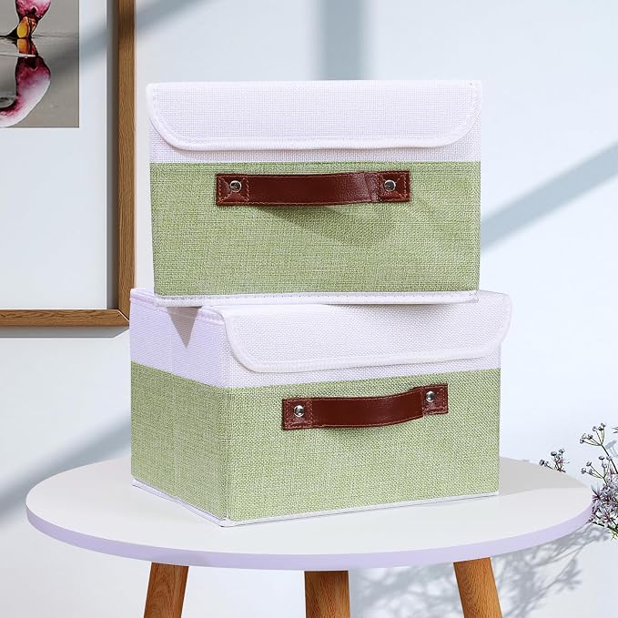 ANMINY 2PCS Storage Boxes with Lid Washable Decorative Storage Bins Basket with PU Leather Handle Foldable Linen Fabric Storage Cubes Containers for Home Closet Organizer - Green White, Small Size - Image 6