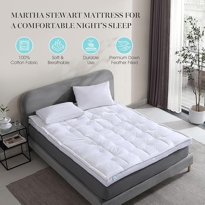 Martha Stewart 3 Inch White Down Feather Mattress Topper - Queen Size Fluffy White Feather Bed Topper 100% Cotton Cover Fabric Ultra Soft Pillow Top Featherbed for Bedroom（60" x 80"）