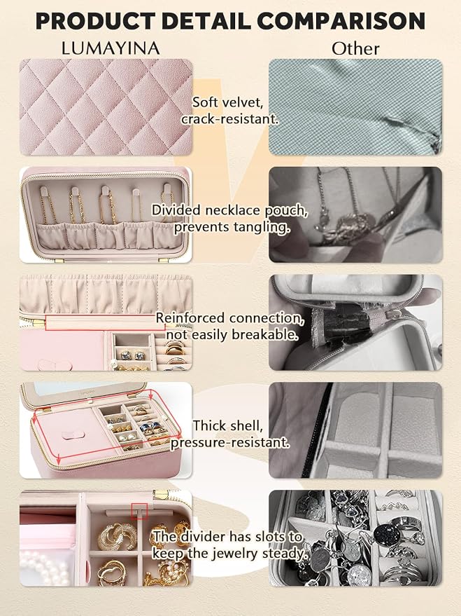 Velvet Travel Jewelry Box with Large Mirror, Double-Layer Jewelry Organizer Case for Women and Girls, Portable Storage Case with 6 Anti-Tarnish Bags Gift Ready for Her (Blush Pink) - Image 6
