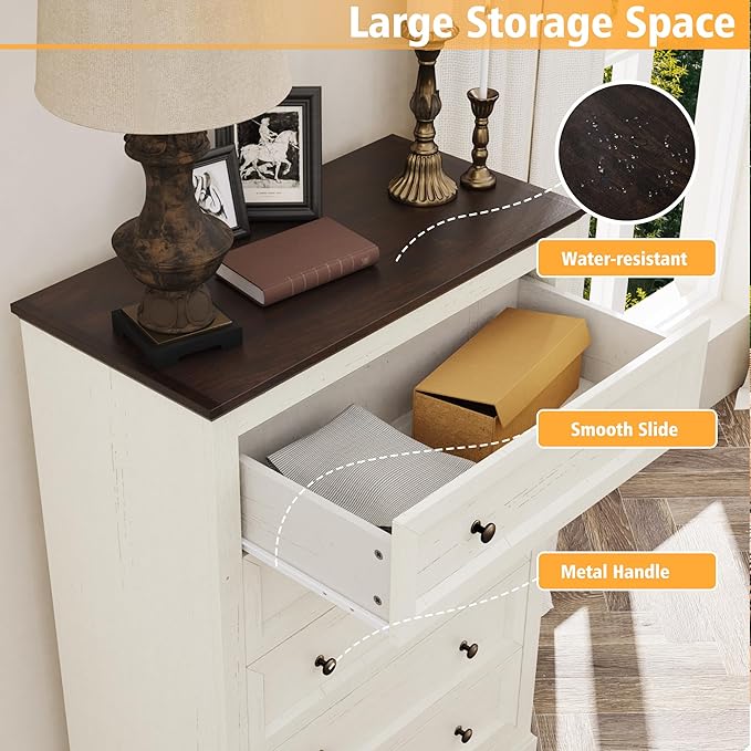 KIGOTY Farmhouse Bedroom Set, 3 Pcs Dresser and Nightstand Sets, 5 Drawer Dresser & 2 Drawer Nightstand Set with Charging Station,Rustic Wood Bedroom Furniture Set for Home,White