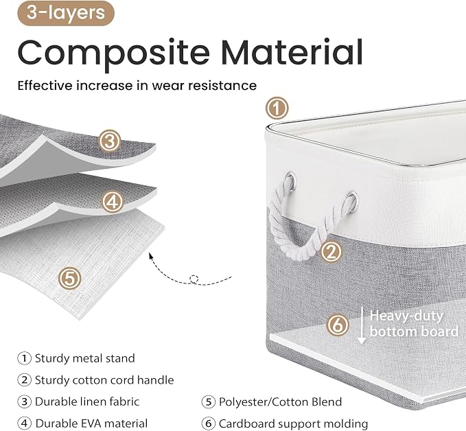 Large Storage Baskets- 15x11x10 inch Storage Bins for Shelves and Closet Organizing, Foldable Fabric Bin for Home Organization Clothes and Laundry (1-Pack, White&Gray) - Image 2