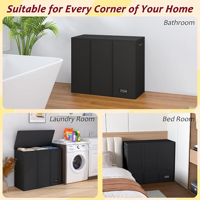 195L Laundry Hamper 3 Section,Large Laundry Hamper with Lid,Dirty Clothes Hamper with 3 Inner Bags,Collapsible Laundry Basket Organizer for Laundry Room,Bedroom,Laundry Sorter Hamper 3 Compartment - Image 7