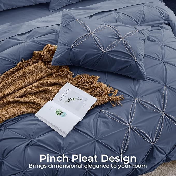 Sasttie Twin Comforter Set, 5-Piece Bed in a Bag, Pintuck Bedding Sets for All Season, Includes Comforter, Flat Sheet, Fitted Sheet, Pillowcase and Pillowsham, Indigo Blue